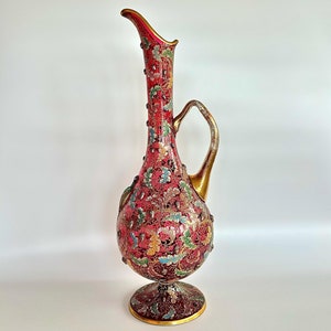 Moser Antique Bohemian Gilt And Enamelled Cranberry Art Glass Pedestal Ewer !! 45 cm. !!
