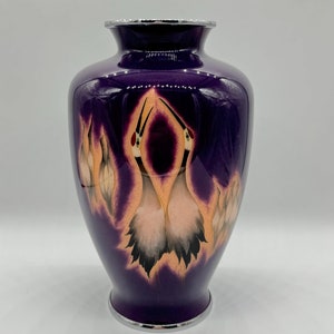 Antique Japanese, Meiji Period, Cloisonne Enamel Highly Decorative Unusual Purple Vase with Cranes, Signed