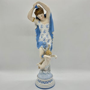 Fine Porcelain Hand-Painted Figurine of Woman and Cupid in Blue and White 32 cm.