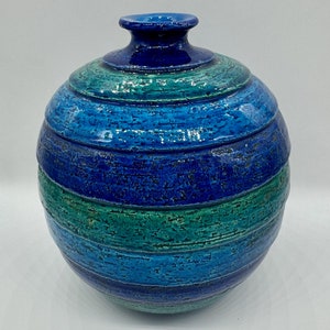Vintage ALDO LONDI for BITOSSI Rare Ring Glazed Rimini Blu Stripped Vase, Italy, 1960s