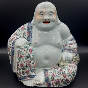 Antique Large Chinese Famille Rose Porcelain Hand Painted  Laughing Buddha Figure Marked
