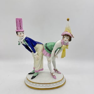 Volkstedt Germany Porzellan Art Deco Handbemalter Clown Paar Figur - Harlekin und Columbine Tänzer