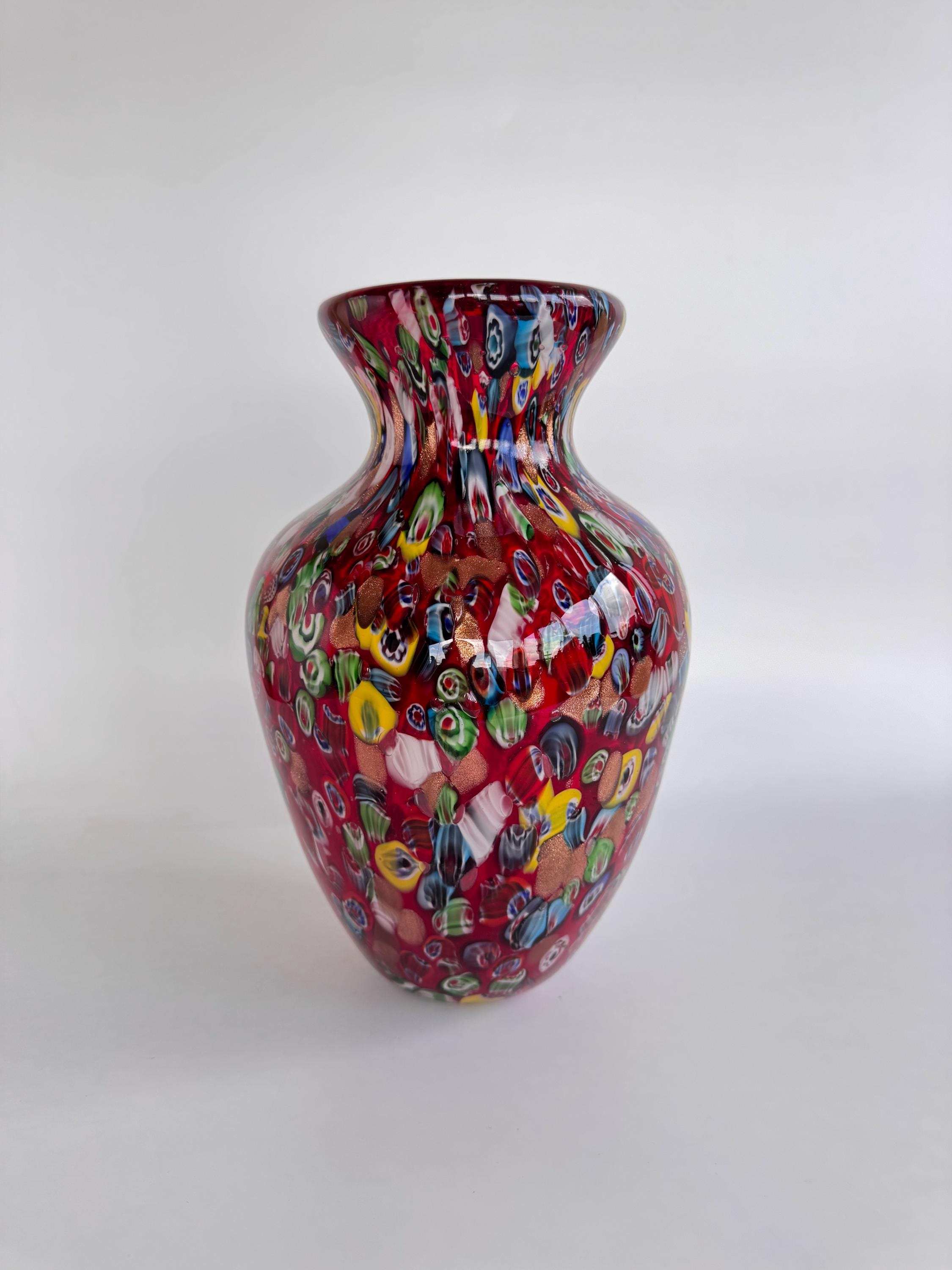 Vase Bouteille En Verre De Murano Millefiori - Rouge Multicolore - Art Verrier Italien - Neuf