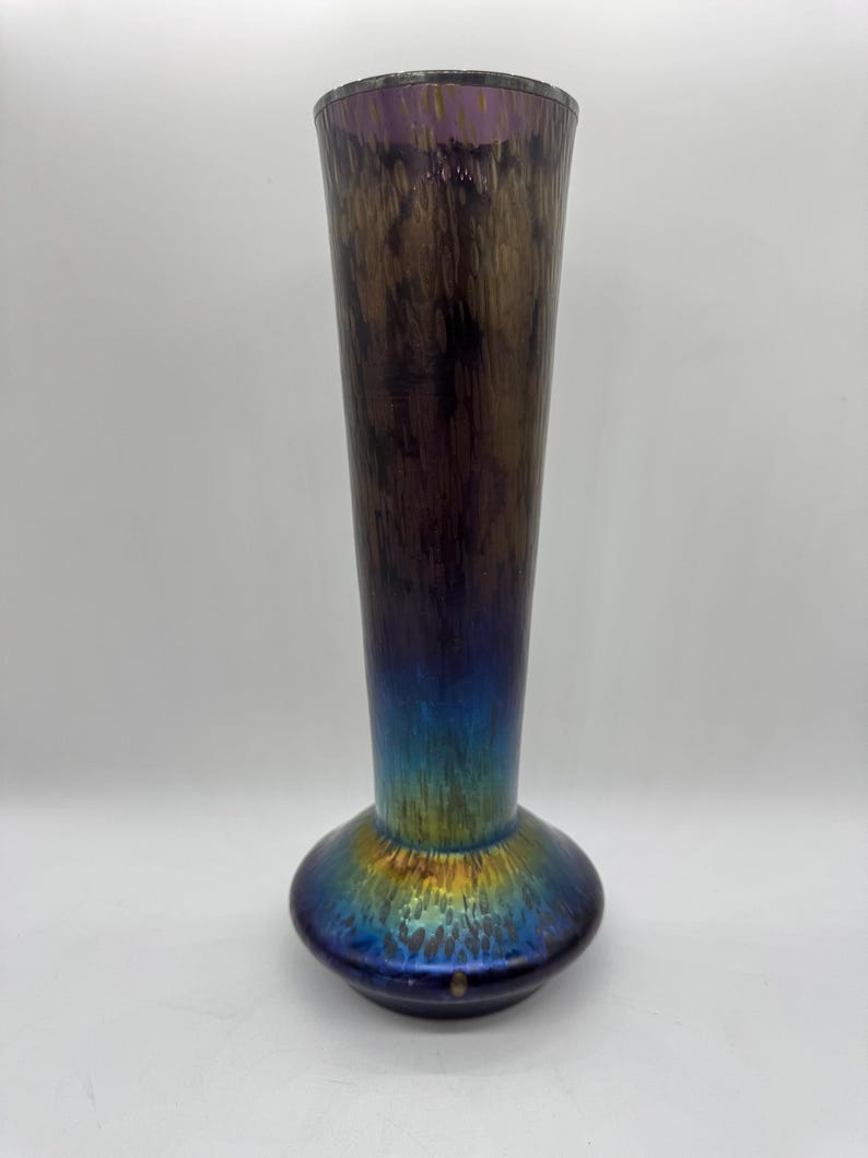 Pu&ograve; includere: Un vaso alto di vetro iridescente con la parte superiore svasata e una base arrotondata. Il vaso passa da un viola intenso nella parte superiore a un blu e oro vibranti nella base. Il vaso &egrave; alto circa 30 cm.