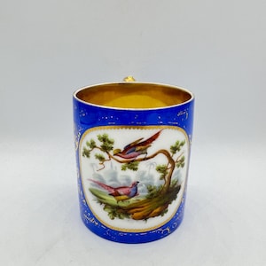 Antique Elegant Old Paris Sevres Style Hand-Painted Porcelain Cup Mug with Birds and Cobalt Blue Ground, 19th Century