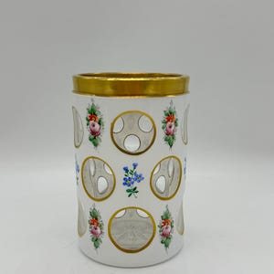 Antique Bohemian Biedermeier Hand-Painted Glass Cut Beaker