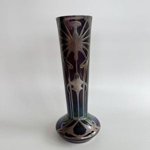 Antique Art Nouveau Iridescent Glass Vase with Silver Overlay