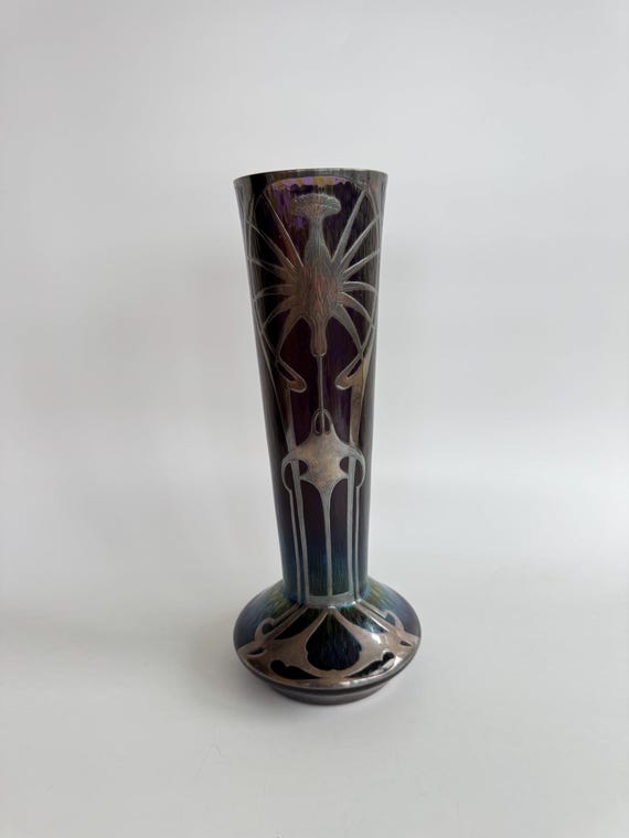 Antique Art Nouveau Iridescent Glass Vase with Silver Overlay