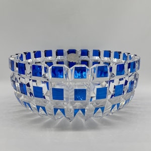 Art Deco Cut Glass Crystal Bowl with Cobalt Inlays by Joseph Simon, Val St. Lambert (1930s)
