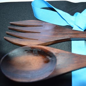 Vintage Dark Wood Salad Servers with Shell Inlay homeware - solid not plastic - second hand - great tableware
