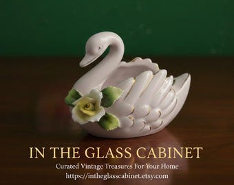 Vintage Pink Porcelain Swan Trinket Dish with Hand-Applied Yellow Rose and Gold Gilt Accents homeware