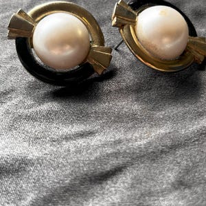 Vintage - Faux Pearl White Black and Gold Earrings - pre-1980 circular studs -