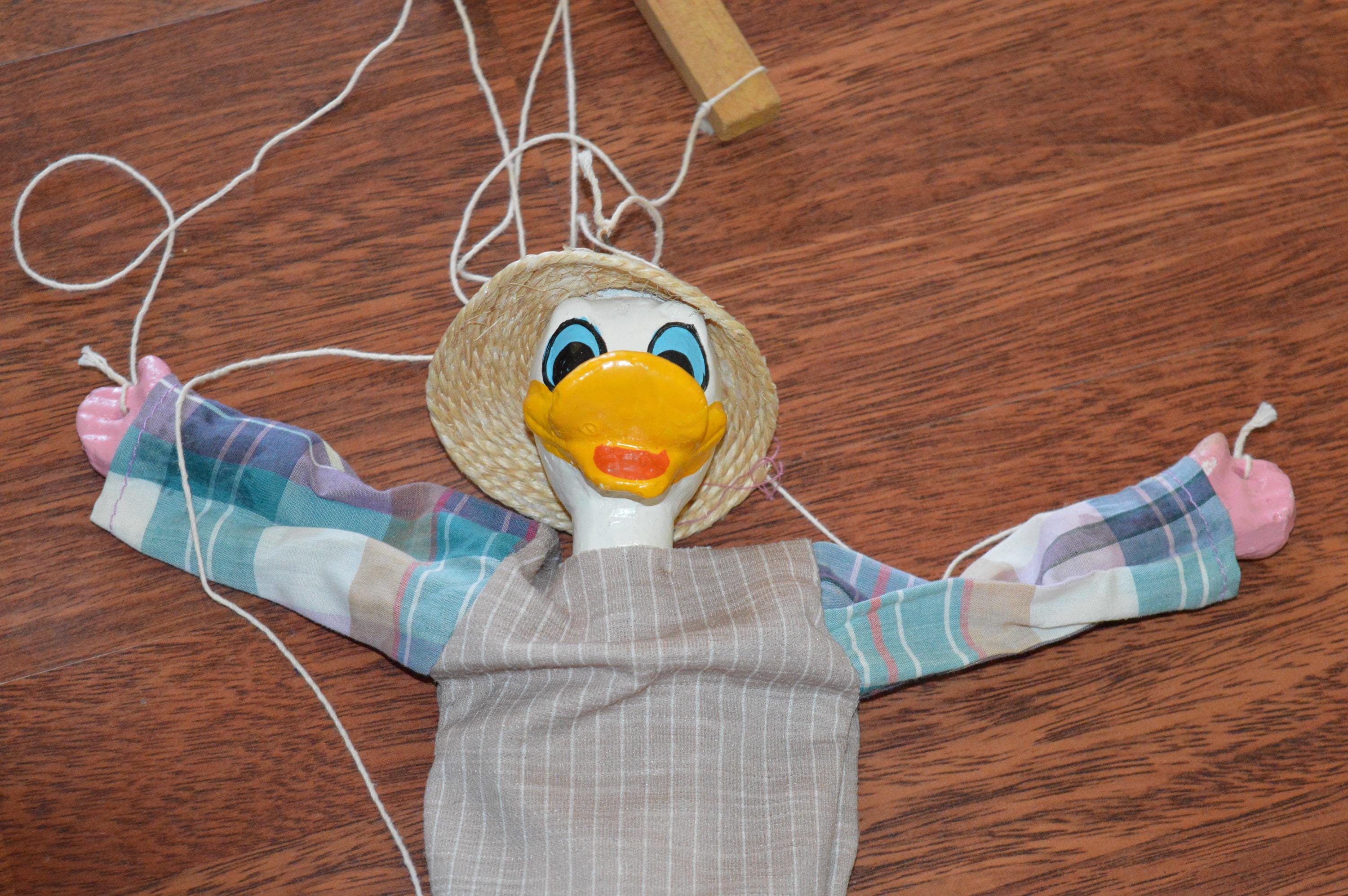 Vintage Duck Marionette String Puppet in Plaid Shirt and Straw Hat ...