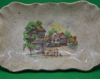 Vintage Sandland Ware Small Trinket Dish bowl pin dish,   – English Village Countryside Scene, 1940s-60s homeware 10 x 16cm