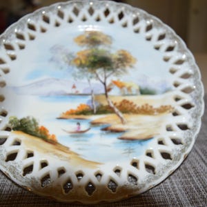 Vintage Japanese Hand-Painted Pierced Rim Decorative Plate - Scenic Landscape Cottage and  Lake - 1940 - cottagecore -
