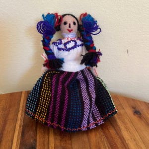 Vintage Mexican Maria Rag Doll Hand Embroidered Huipil and Woven Striped Skirt - Small - Souvenir