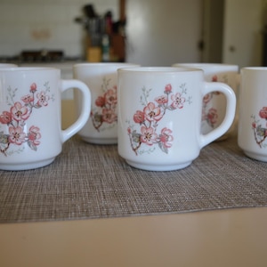 Vintage Arcopal France &#39;Florentine&#39; Milk Glass Coffee Mugs - Set of 6 - pink flowers