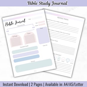 May include: Two-page Bible study journal with a soft pastel color scheme. The left page features sections for notes, theme, and key people, while the right page is for reflection. The journal includes the text "Bible Study Journal" and "Bible Journal".