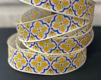 Yellow Blue Mediterranean Ribbon, Bright Yellow Moroccan Tiles, 1.5" Ribbon Yardage, Wreath Bow Supplies, Junk Journal, Gift for Crafters