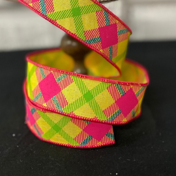 Yellow Lime Hot Pink Blue Ribbon, Printed Glitter Plaid on Royal Wired Edge Ribbon, 1.5"  x 10 Yard Roll, Wreath, Bow, Hairbow Supplies