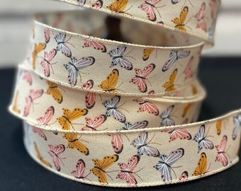 Butterfly Print Design Canvas Wired Edge Ribbon, 1.5" Ribbon by the Yardage, Pink Blue Yellow Wreath Bow Supplies, Junk Journal Book Making