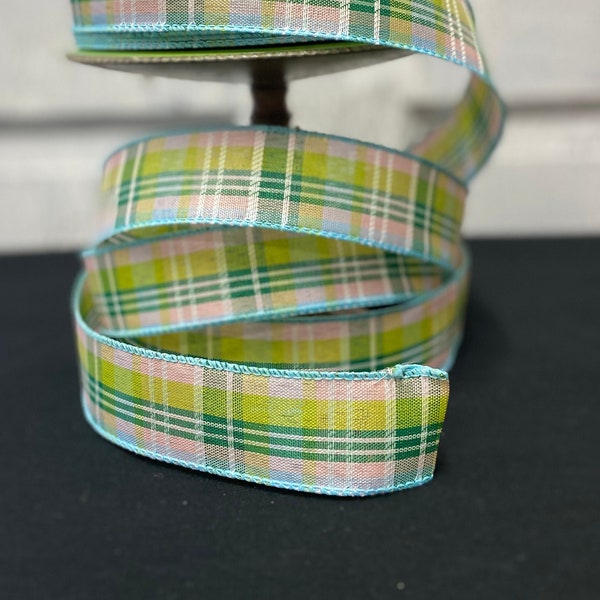 Pink Blue Green White Plaid Wired Edge Ribbon, Spring Summer 1.5" Ribbon Yardage, Wreath Bow Supplies, Junk Journal, Gifts for Crafters