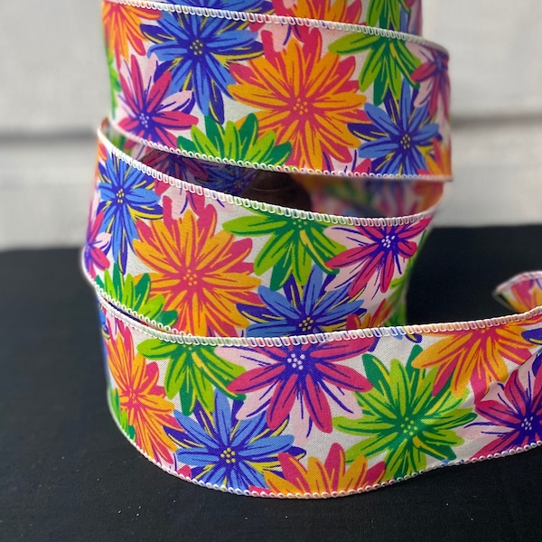 Summer Brights Floral Ribbon, Multi Color Flower Design Wired Edge, 2.5" Ribbon Yardage, Pink Blue Green Orange Wreath Bow Supply, Bow Kits