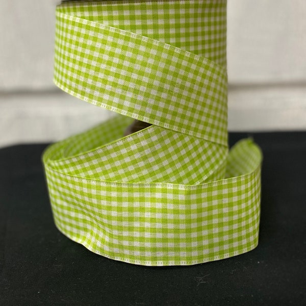 Green Lime Gingham Plaid Wired Edge Ribbon, Light Green Plaid Ribbon, 2.5" Ribbon by Yardage, Wreath and Bow Supplies, Gifts for Crafters