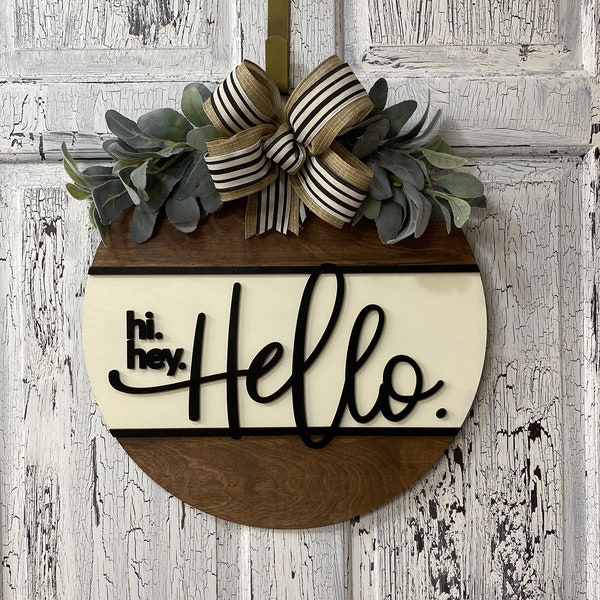 Hi Hey Hello Front Door Hanger Wreath, Wooden Housewarming Gift for New Homeowners, Warm Greeting Wall Decor Wreath, From Realtor to Clients