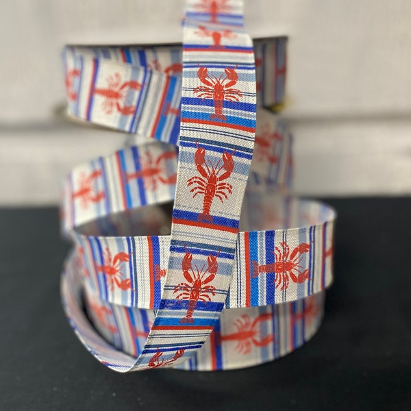 Lobster Print Red White Blue Ribbon, Horizontal Stripes, Patriotic Print USA Colors Wired Edge, 1.5" Ribbon Yardage, Wreath Bow Supply Gifts