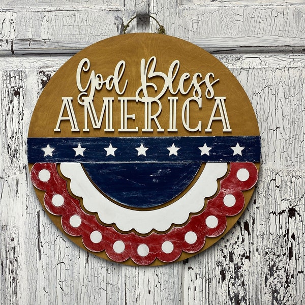 Patriotic Bunting Wooden Door Hanger, God Bless America Wall Hanging, Large 22 Inch USA Patriotic Decor, Red White Blue Sign, Newlywed Gifts