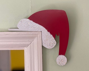 Christmas Door Topper, Santa Hat Wooden Decor, Wooden Holiday Door Decor, Door Corner Accent, Door Corner Decor, Door Frame Hugger Trim