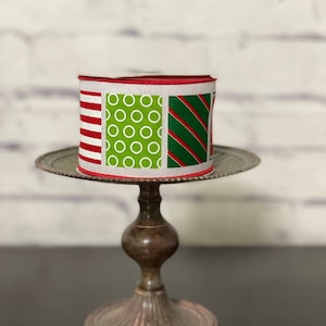 Red Lime Green Emerald Ribbon, Color Blocks Lines Circles, Wired Edge, Christmas Bow and Wreath Supplies 2.5&quot; Ribbon 10 yard Roll, Christmas