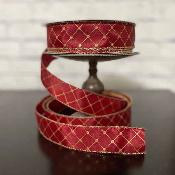 Dark Red and Gold Harlequin Ribbon, Harlequin with Dots, 1.5" Wired Edge Ribbon Great for Gift Wrapping, Wreaths, Decorations Bows