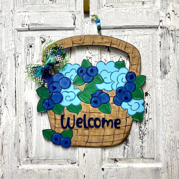 Blueberry Basket Hand Painted Wooden Door Hanger, Fruit Theme Door Wreath, Welcome Sign, 21" Large Garden Patio Sign, Summer Party Gifts