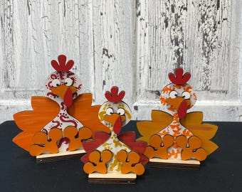 Autumn Turkey Family  Thanksgiving Turkey Shelf Sitter Thanksgiving Turkey Table Decor Whimsical Fall Decor Polka Dot Plaid Harvest Party