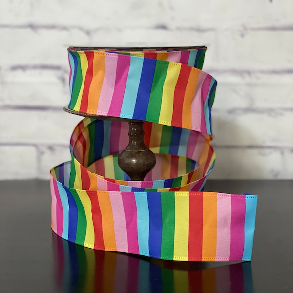 Rainbow Multi Color Horizontal Stripe Wired Edge Ribbon , 2.5" Ribbon by the Yard / Wreath and Bow Supplies