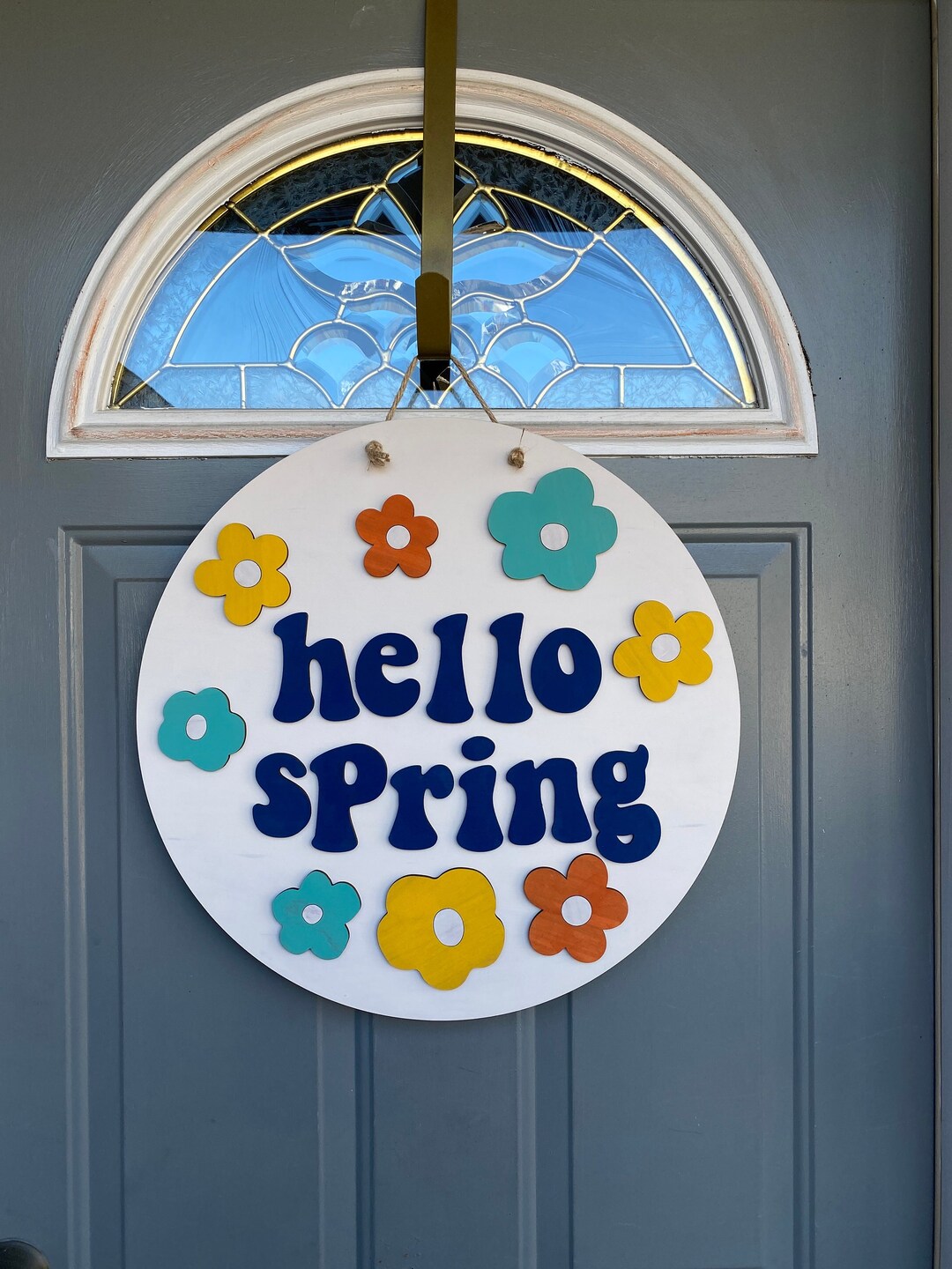 Hello Spring Door Hanger, Retro Flowers Door Hanger, 60s 70s Style Wood