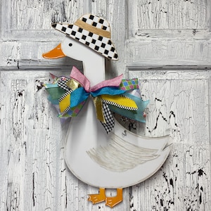 Porch Goose Front Door Wreath Hanger, Handpainted Funky Duck Sign Whimsical Bow, Wood Wall Accent, Realtor Gift for Client, Farm Animal Sign