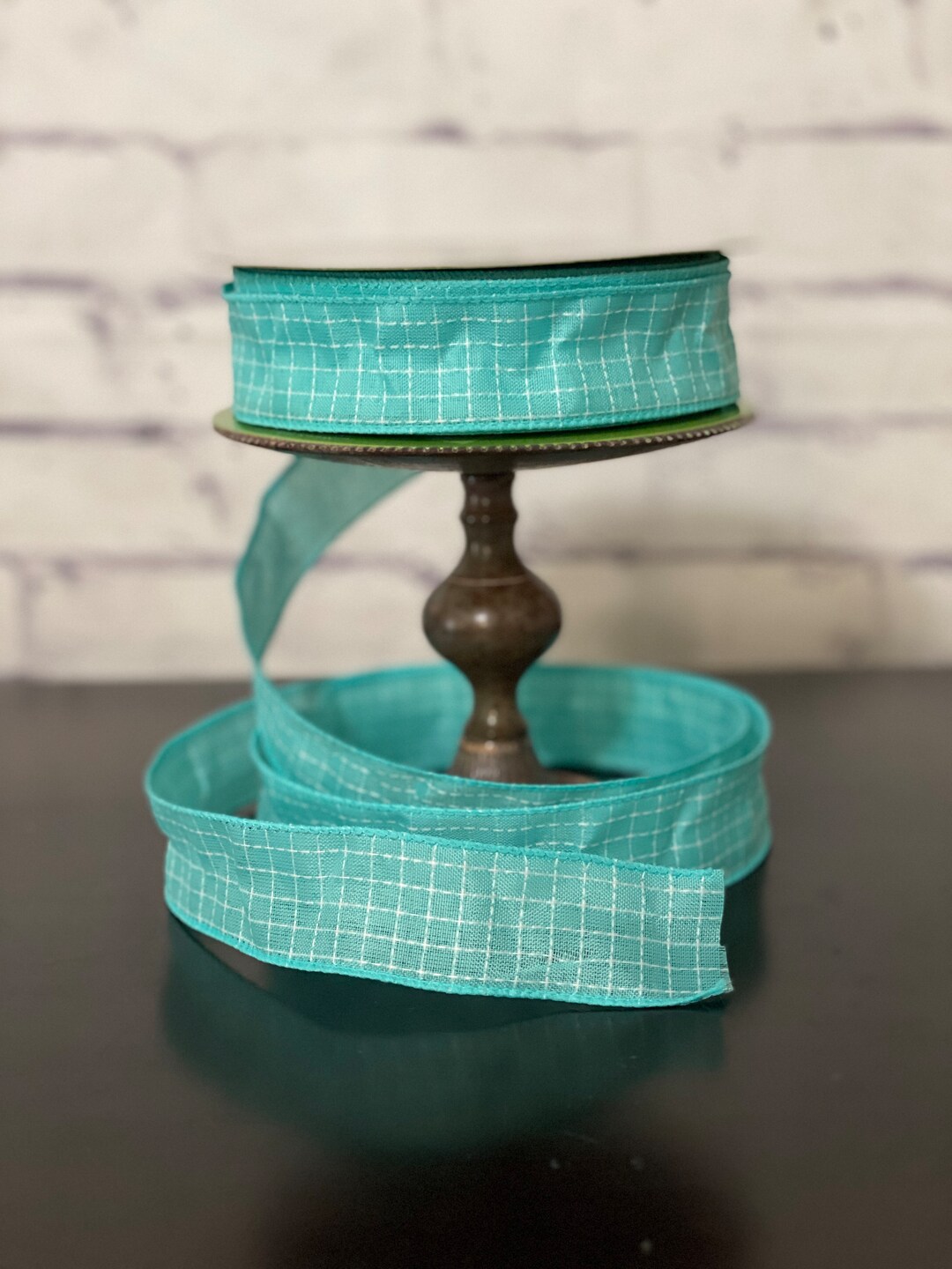 Teal Aqua Ribbon, White Stitching Ribbon, Wired Edge Ribbon / 1.5 ...