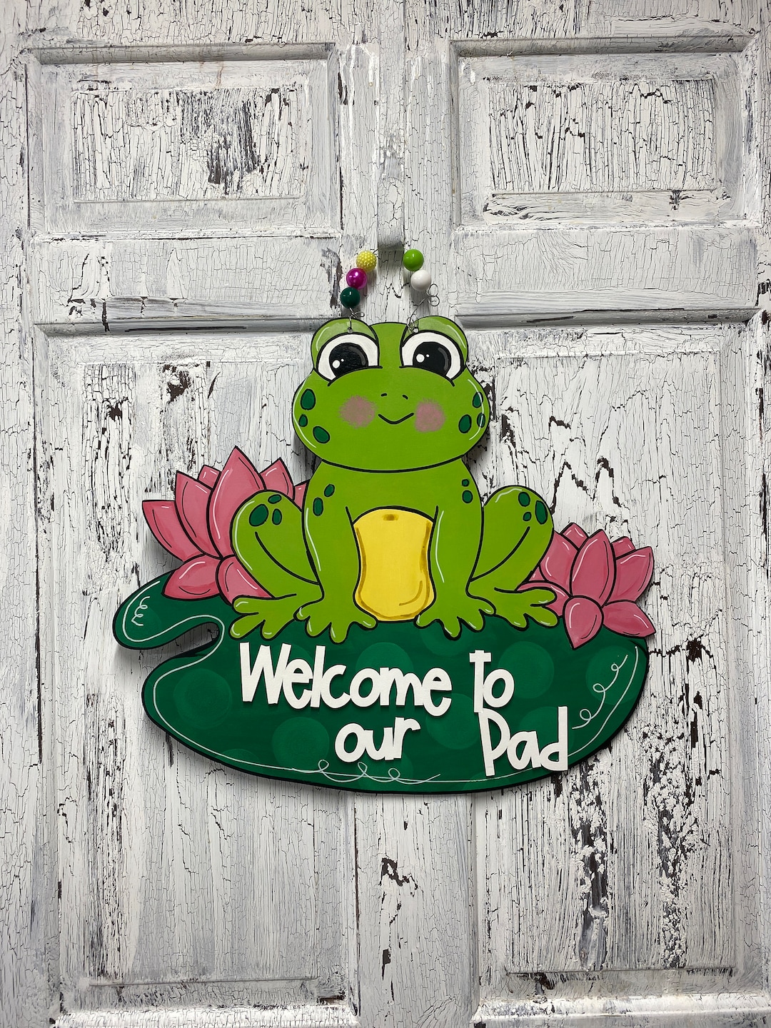 Welcome to Our Pad Frog on Lily Pad Door Hanger, Summer Porch Decor ...