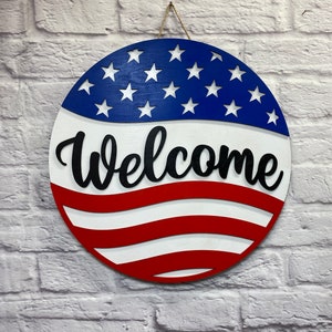 Patriotic Door Hanger, Patriotic Wall Decor, Red White Blue Welcome Door Hanger, Housewarming Gift