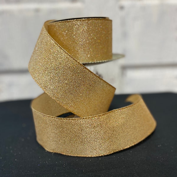 Taffeta Glitter Dots Ribbon by D. Stevens, Gold Sparkly Glitter, 2.5 Inch x 10 Yard Roll, Wired Edge Christmas Gift, Wreath Bow Supplies