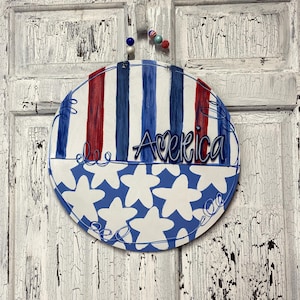 Americana Front Door Hanger, Patriotic Office Wall Decor, Red White Blue Welcome Door Hanger, Housewarming Gift, America USA Pride Sign