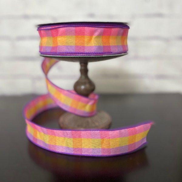 Purple Yellow Pink Plaid Wired Edge Ribbon  / Multi Color Ribbon / 1.5" Ribbon by the Yard / Wreath and Bow Supplies /