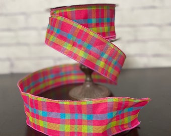 Pink Green Aqua Plaid Wired Edge Ribbon  / 2.5" Ribbon by the Yard / Wreath and Bow Supplies / Multi Color Plaid