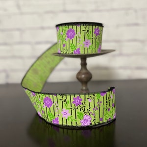 Green w/ Black Stripe Purple Flowers Wired Edge Ribbon  / 2.5" Ribbon by the Yard / Wreath and Bow Supplies /