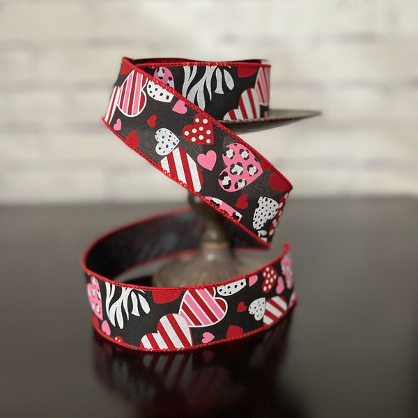 Zebra Leopard Hearts Ribbon, Black Red Pink White, Animal Print Valentines Wired Edge Ribbon, 1.5" Ribbon by the Yard Wreath & Bow Supplies