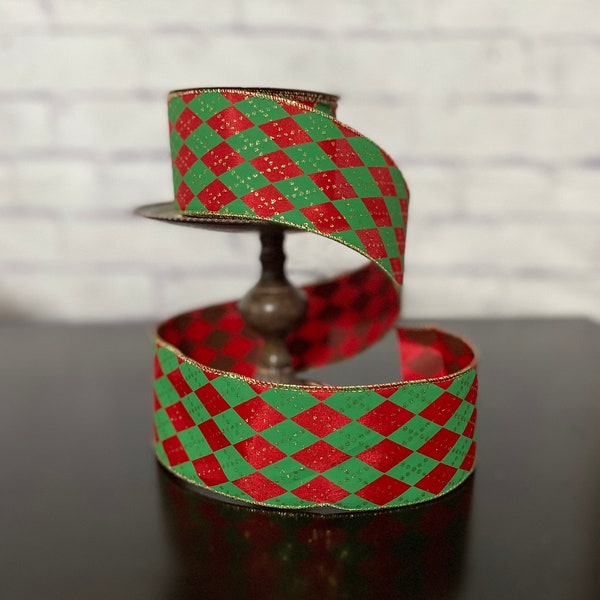 Red Emerald Green and Gold, Harlequin Diamond Design, Argyle Print Wired Edge Ribbon, 2.5" Ribbon BY THE YARDAGE, Wreath Swag Garland Supply