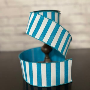 Turquoise Teal White, Horizontal Stripe Wired Edge Ribbon, 2.5" Ribbon by the Yard / Wreath and Bow Supplies